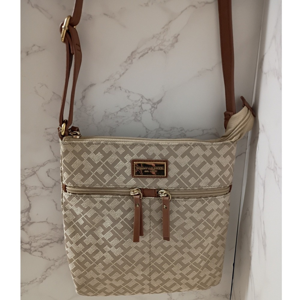 TOMMY HILFIGER Beige Monogram Jacquard Crossbody Bag - EUC